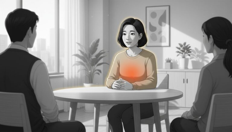 테이블에 앉아 미소를 지으며 이야기하는 한 여성에게만 색상이 입혀져 있고, 맞은편에 앉은 두 명의 남녀는 흑백으로 처리되어 있어 대화와 소통의 중요성을 강조하는 이미지