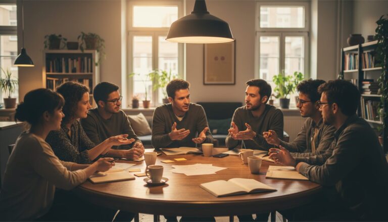 원형 테이블에 둘러앉아 아이디어를 나누고 토론하는 젊은 팀원들