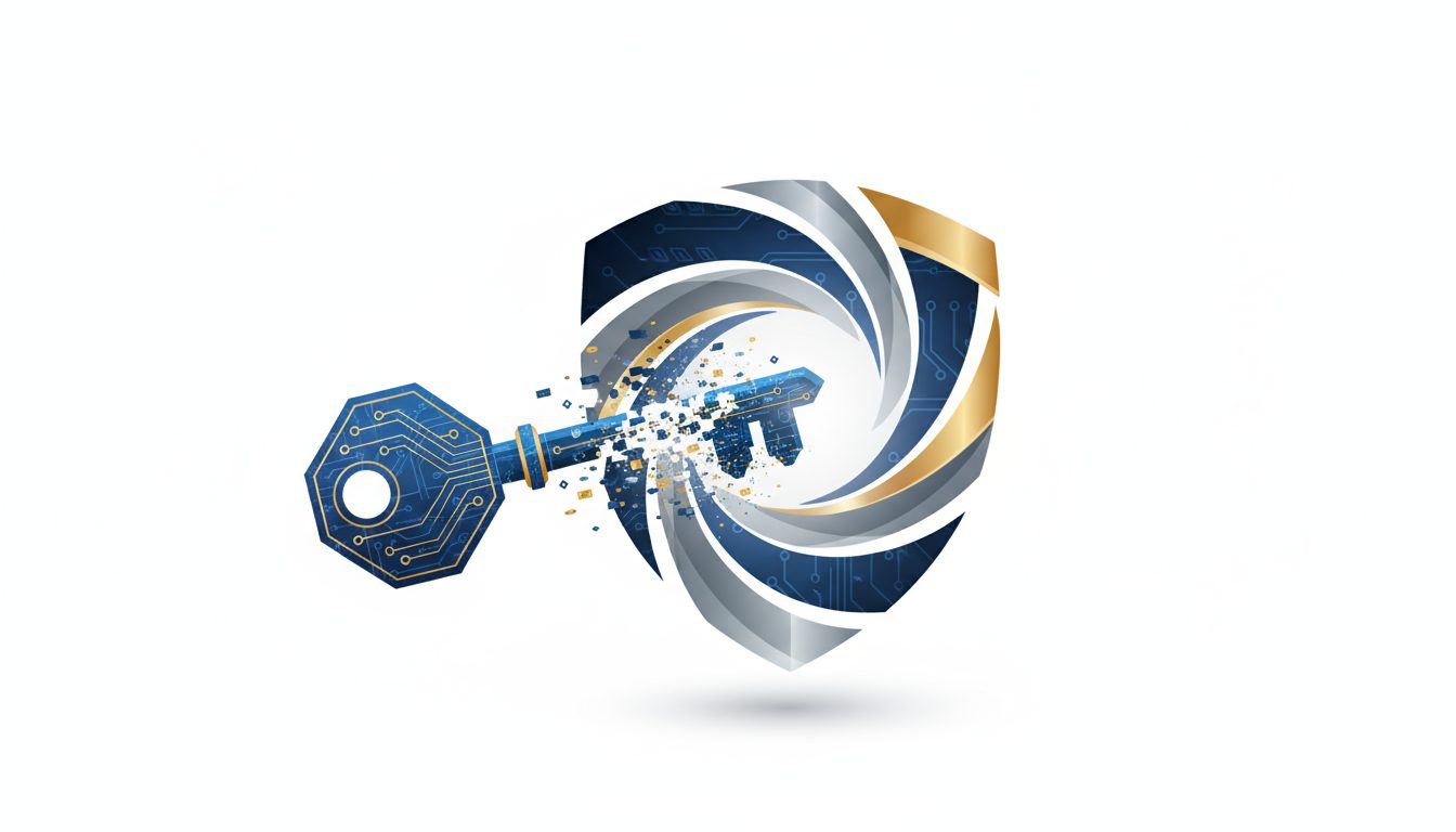 클라우드 자동 동기화 내 사적인 사진은 안전할까? 1 디지털 회로 패턴이 있는 열쇠가 방패 모양의 소용돌이를 통과하는 3D 그래픽