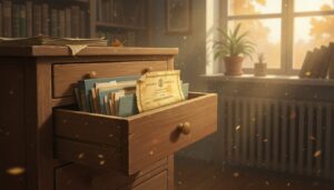 햇살이 비추는 서재, 서랍이 열려 있고 그 안에 오래된 서류와 증명서가 보인다.