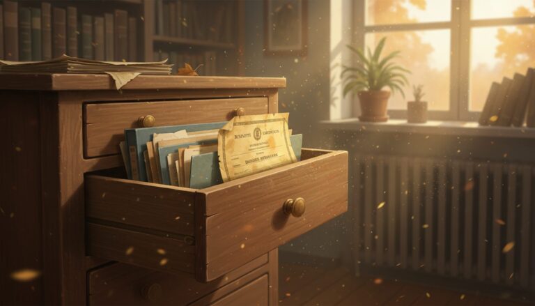 햇살이 비추는 서재, 서랍이 열려 있고 그 안에 오래된 서류와 증명서가 보인다.