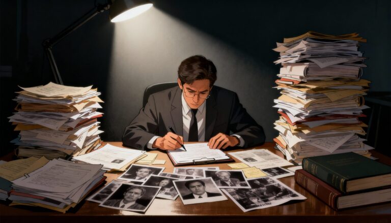 책상 위 서류 더미와 인물 사진에 둘러싸여 진지하게 서류를 검토하는 탐정 또는 조사관