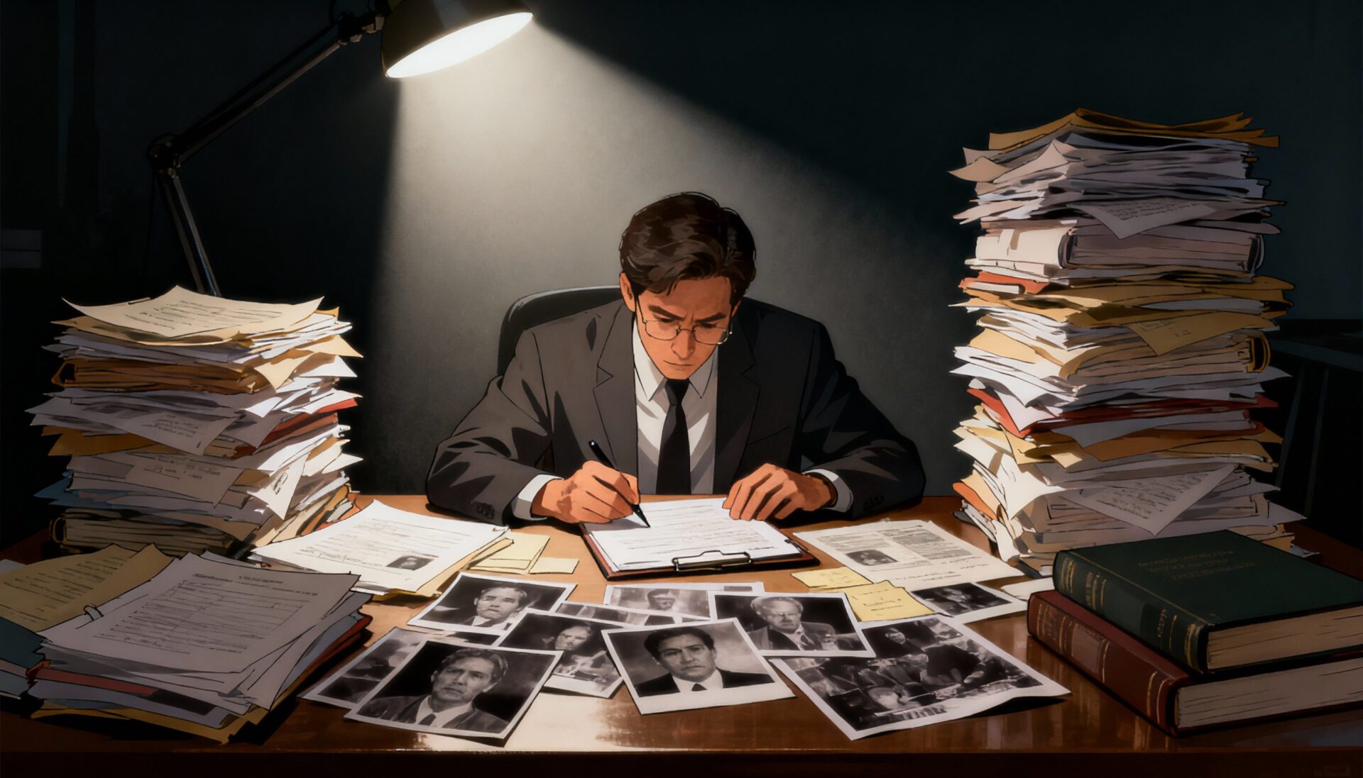 책상 위 서류 더미와 인물 사진에 둘러싸여 진지하게 서류를 검토하는 탐정 또는 조사관