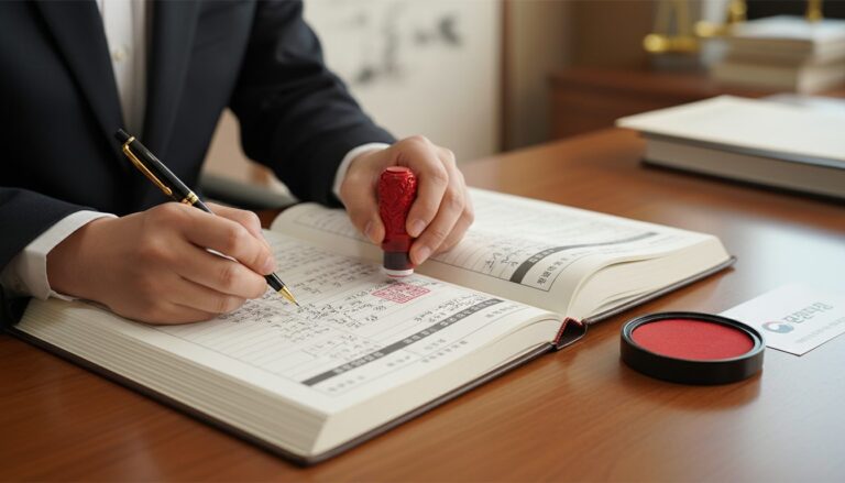 정장 차림의 한 사람이 장부나 서류에 펜으로 글을 쓰고 다른 손으로는 도장을 찍고 있으며, 옆에는 붉은 인주가 놓여 있음