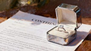테이블 위에 놓인 계약서 옆, 작은 상자 안에 있는 다이아몬드 반지