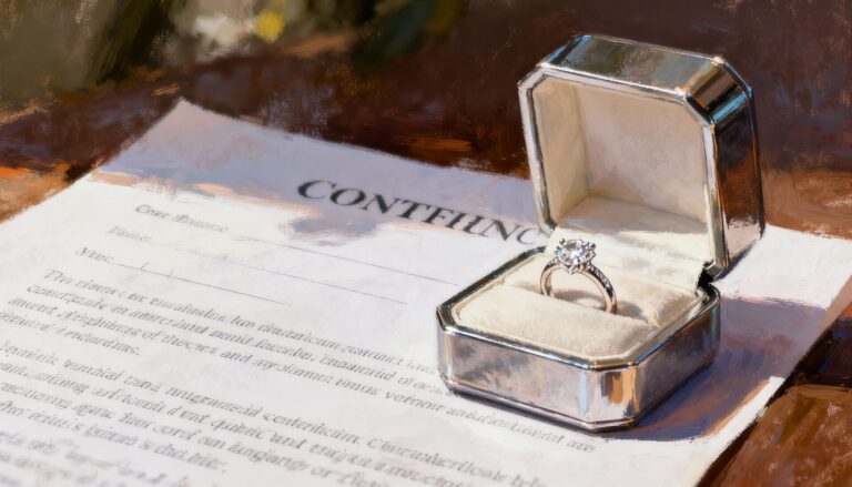 테이블 위에 놓인 계약서 옆, 작은 상자 안에 있는 다이아몬드 반지