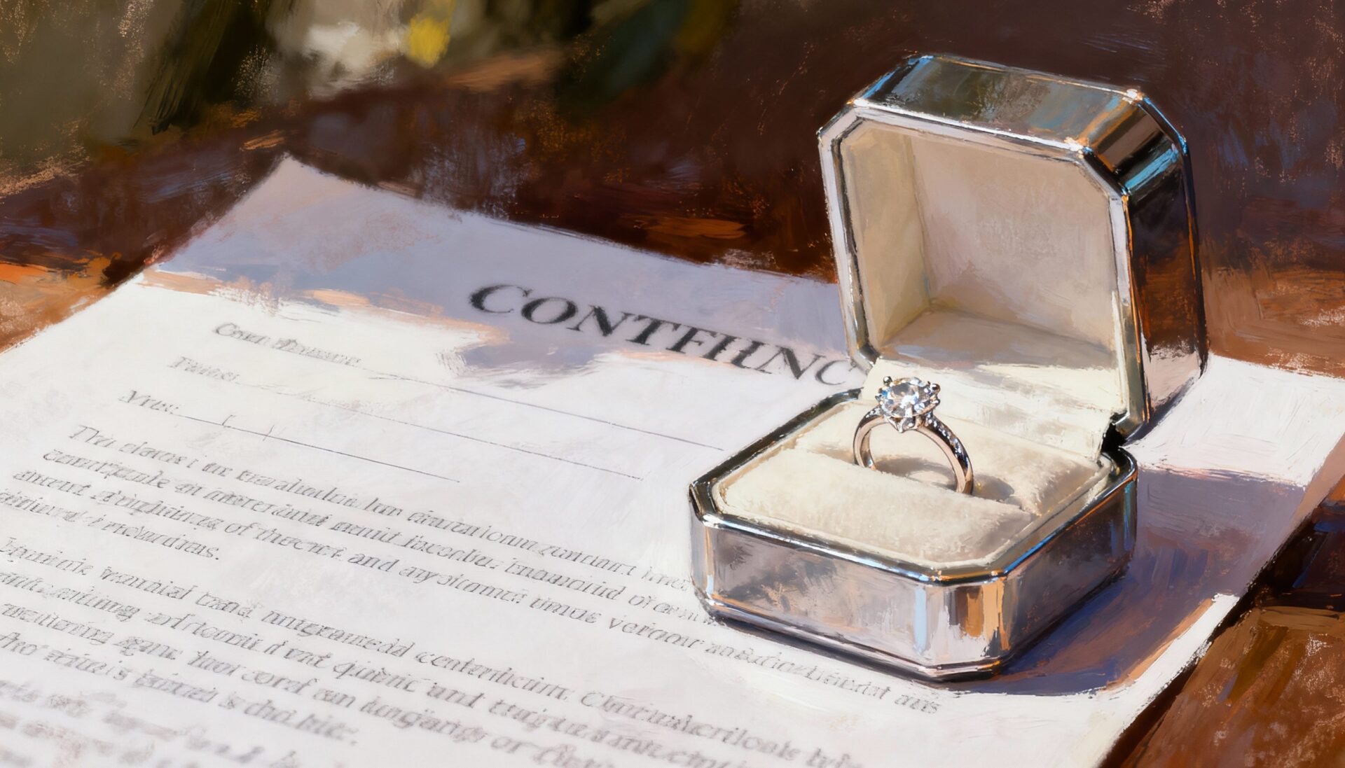 환불 절대 불가 써 붙인 쇼핑몰 진짜 환불 못 받을까? 1 테이블 위에 놓인 계약서 옆, 작은 상자 안에 있는 다이아몬드 반지