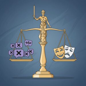 정의의 여신상 저울 한쪽에는 가짜 뉴스와 악성 댓글이, 다른 쪽에는 진실과 거짓을 상징하는 희비극 가면이 놓여있다