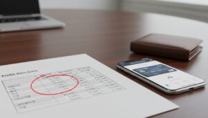 나무 탁자 위에 놓인 손익계산서 문서, 신용카드 정보가 보이는 스마트폰, 그리고 갈색 가죽 지갑. 문서의 특정 부분이 빨간색 원으로 강조되어 있음.