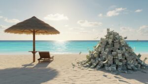 한적한 해변가에 쌓여있는 거대한 돈더미와 휴식을 위한 비치 파라솔