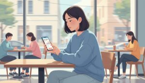 창밖으로 보이는 거리를 배경으로 한 카페에서, 한 여성이 앉아 휴대폰으로 금융 차트와 그래프를 확인하고 있는 모습