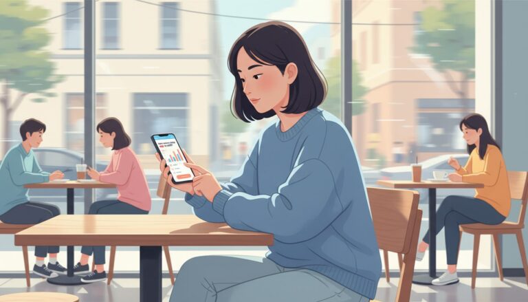 설문조사 참여하고 받은 기프티콘 유효기간이 너무 짧다면? 1 창밖으로 보이는 거리를 배경으로 한 카페에서, 한 여성이 앉아 휴대폰으로 금융 차트와 그래프를 확인하고 있는 모습