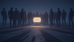 어두운 공간에 둘러선 사람들의 실루엣과 그 가운데에 빛나는 달러($) 표시가 있는 편지 봉투