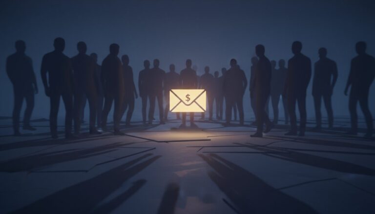 어두운 공간에 둘러선 사람들의 실루엣과 그 가운데에 빛나는 달러($) 표시가 있는 편지 봉투