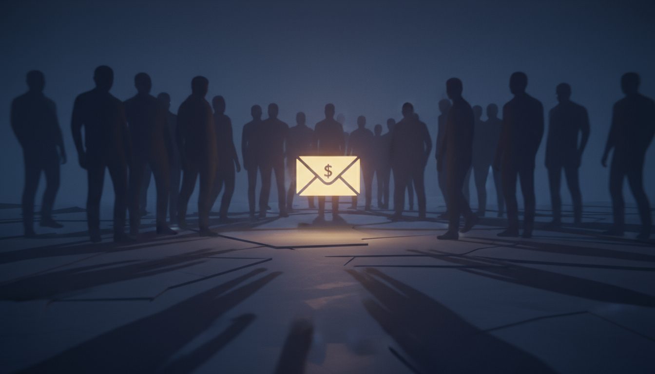 어두운 공간에 둘러선 사람들의 실루엣과 그 가운데에 빛나는 달러($) 표시가 있는 편지 봉투