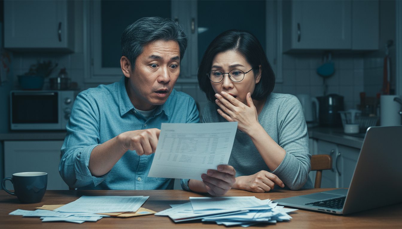 1인 방송 후원금 미성년 자녀가 부모 몰래 보냈다면 돌려받을 수 있나? 1 어두운 주방에서 종이 청구서를 보며 놀란 표정을 짓는 중년 부부