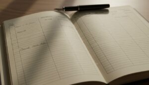 만년필이 놓인 나무 책상 위에 펼쳐진 수입과 지출 내역을 기록하는 가계부 또는 회계 장부