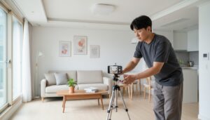 집 거실에서 스마트폰을 삼각대에 설치하고 영상을 촬영하는 젊은 남성