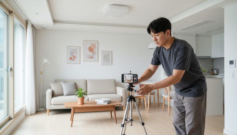 집 거실에서 스마트폰을 삼각대에 설치하고 영상을 촬영하는 젊은 남성
