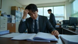 머리를 감싸 쥐고 쌓여 있는 서류를 보며 고민하는 듯한 남성