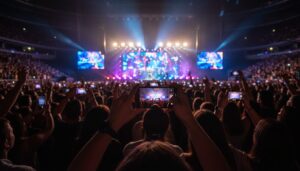 스마트폰으로 공연을 촬영하는 관객들로 가득 찬 콘서트 현장, 무대 위에는 강렬한 조명이 빛나고 있다.