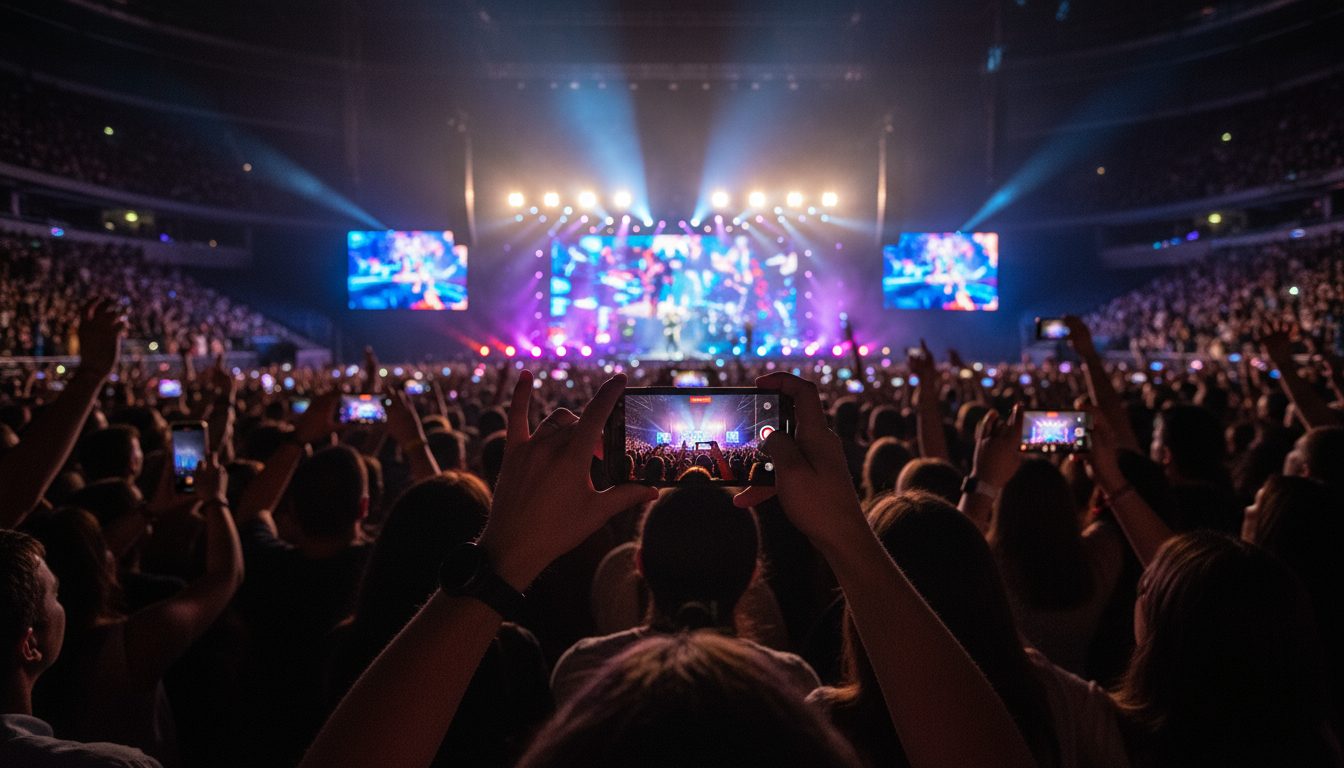 스마트폰으로 공연을 촬영하는 관객들로 가득 찬 콘서트 현장, 무대 위에는 강렬한 조명이 빛나고 있다.