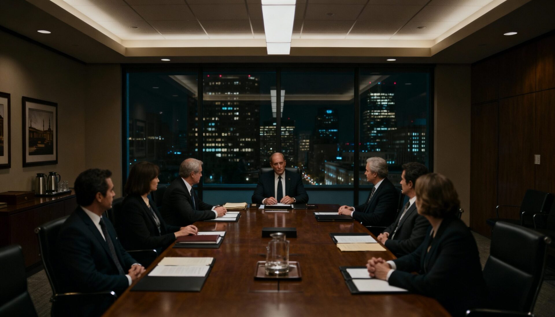 밤늦게까지 고층 사무실 회의실에 모여 앉아 심각하게 회의하는 비즈니스 전문가들