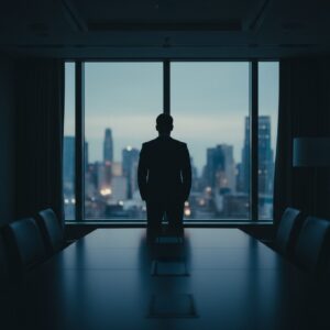 어두운 회의실에서 창밖의 도시 야경을 바라보며 서 있는 한 남성의 실루엣