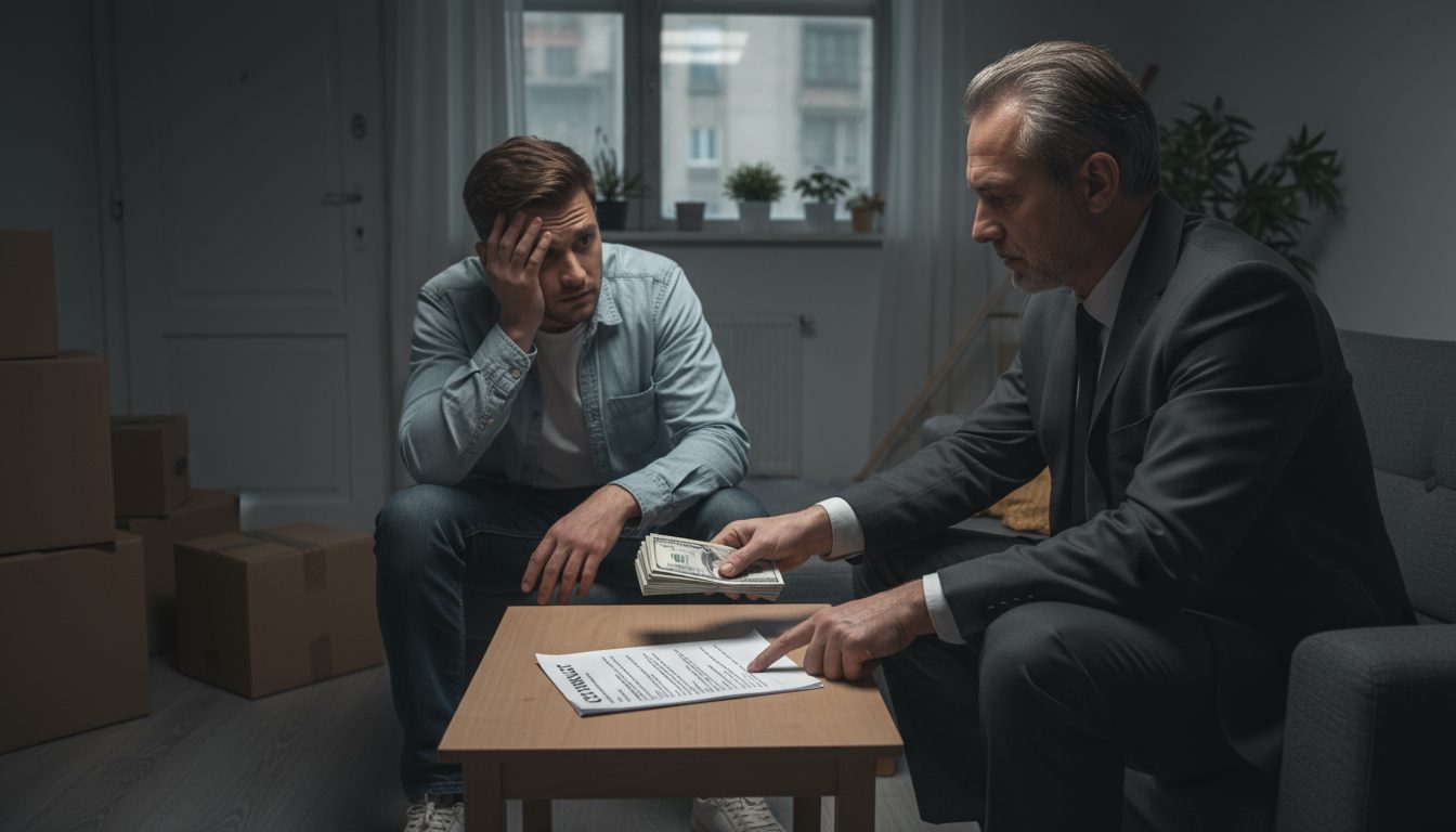 법인 파산 절차는 어떻게 진행될까? 1 이사 중인 집에서 변호사가 계약서를 가리키며 돈을 건네자 좌절한 표정을 짓는 젊은 남성