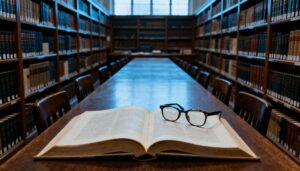 고풍스러운 도서관의 긴 나무 테이블 위에 펼쳐진 책과 안경이 놓여 있는 모습