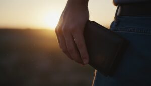 노을 지는 배경 아래, 한 손으로 지갑을 들고 있는 남성의 옆모습