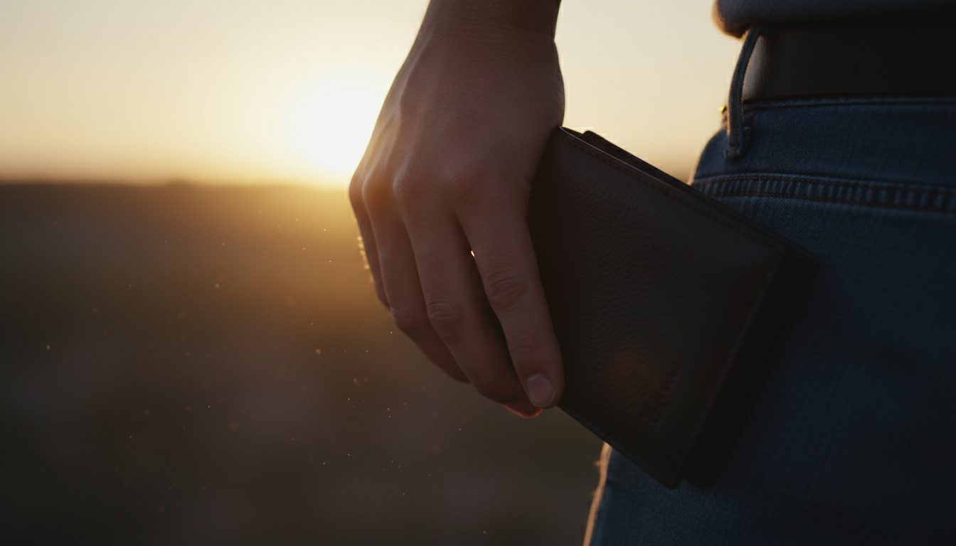 노을 지는 배경 아래, 한 손으로 지갑을 들고 있는 남성의 옆모습