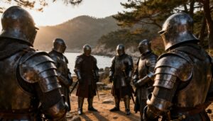 바닷가 근처 숲길에 모여 서 있는 중세 기사 복장의 6명의 사람들