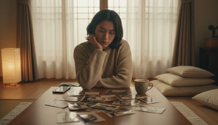 따뜻한 분위기의 방에서 한 젊은 여성이 나무 테이블 위에 흩어져 있는 오래된 사진들을 보며 사색에 잠겨 있고, 옆에는 김이 나는 컵과 스마트폰이 놓여 있음