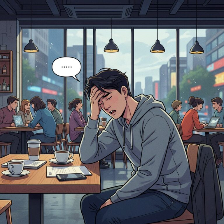 창밖으로 도시 풍경이 보이는 북적이는 카페에서, 한 남성이 테이블에 앉아 손으로 이마를 짚고 깊은 고민에 빠진 모습