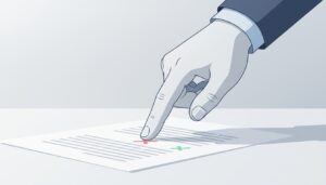 한 손이 문서에 인쇄된 빨간색 'X' 표시를 가리키며 검토 및 오류를 지적하는 모습.