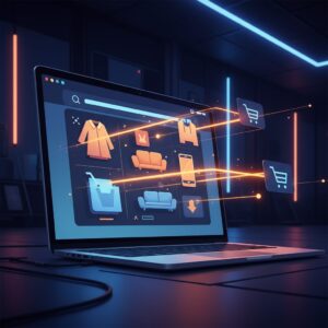 어두운 배경 속에서 빛나는 노트북 화면에 다양한 상품(옷, 소파, 스마트폰)이 보이고, 쇼핑카트 아이콘으로 연결되는 빛줄기가 뻗어나가는 모습