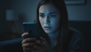 어두운 방 안에서 스마트폰을 보며 놀라거나 겁에 질린 표정을 짓는 젊은 여성