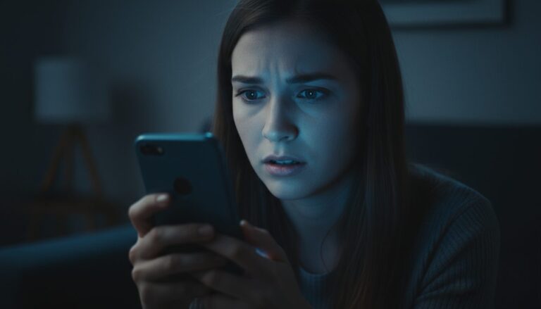 어두운 방 안에서 스마트폰을 보며 놀라거나 겁에 질린 표정을 짓는 젊은 여성