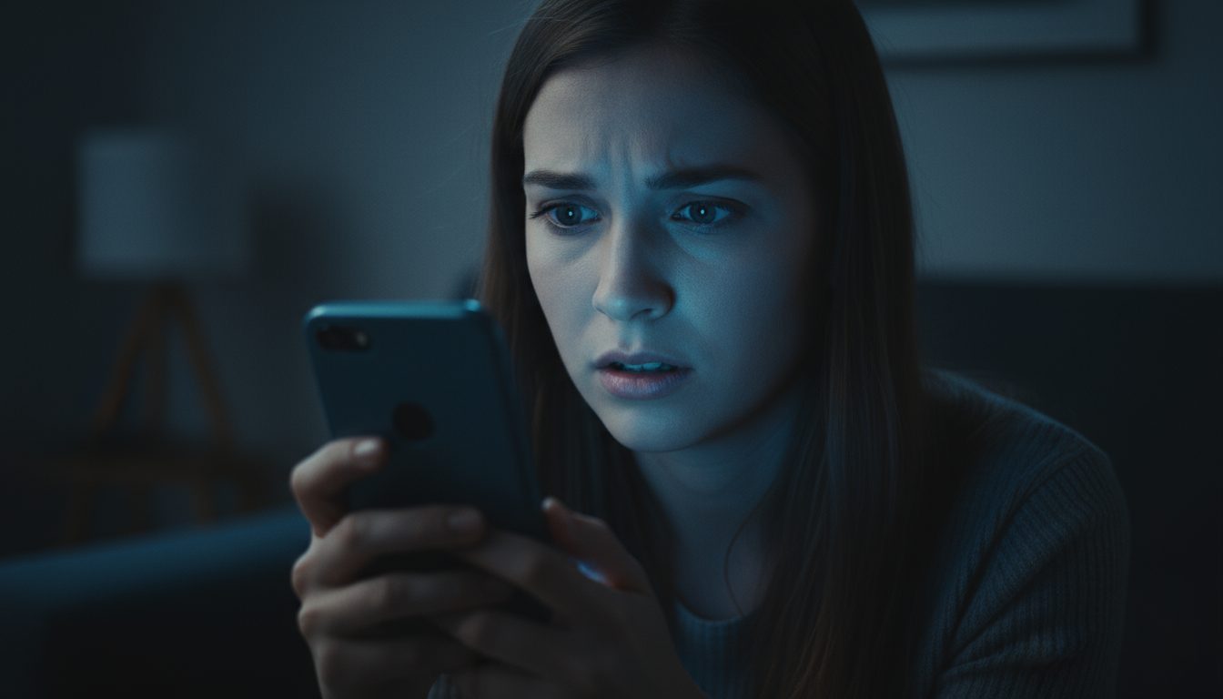 어두운 방 안에서 스마트폰을 보며 놀라거나 겁에 질린 표정을 짓는 젊은 여성