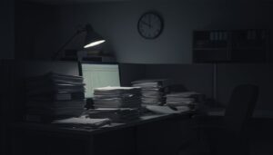 어두운 사무실에서 책상 스탠드 불빛을 받아 서류 더미가 쌓여있는 모습
