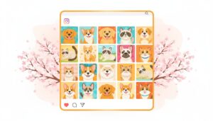 벚꽃나무를 배경으로 한 스마트폰 화면에 강아지와 고양이 등 다양한 반려동물 사진이 인스타그램 피드 형식으로 배열되어 있는 일러스트
