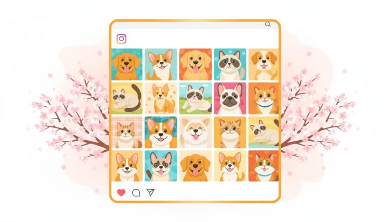 SNS에 올린 반려동물 사진 누가 상업적으로 이용한다면? 3 벚꽃나무를 배경으로 한 스마트폰 화면에 강아지와 고양이 등 다양한 반려동물 사진이 인스타그램 피드 형식으로 배열되어 있는 일러스트