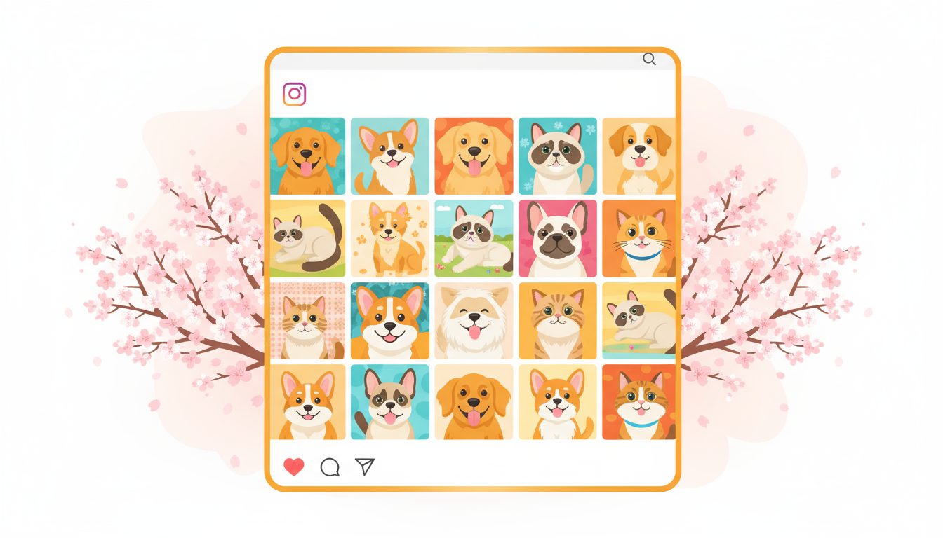 벚꽃나무를 배경으로 한 스마트폰 화면에 강아지와 고양이 등 다양한 반려동물 사진이 인스타그램 피드 형식으로 배열되어 있는 일러스트