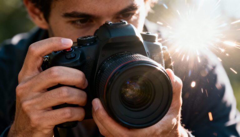 야외에서 DSLR 카메라를 들고 플래시를 터뜨리며 촬영하는 사진작가의 모습