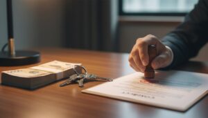계약서에 도장을 찍는 손, 그 옆에 놓인 돈다발과 집 열쇠