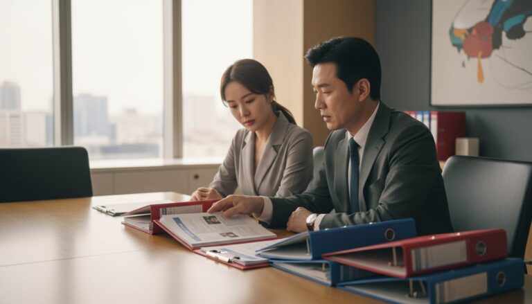 지식인에 올린 내 질문과 답변 다른 사람이 퍼가도 될까? 1 밝은 사무실에서 두 명의 비즈니스 전문가가 서류철에 있는 이력서를 검토하고 있음. 채용 또는 인사 관련 회의로 추정.