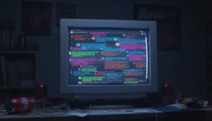 어두운 방에서 채팅 화면이 켜진 낡은 CRT 모니터와 캔음료, 간식 봉지가 어질러진 책상