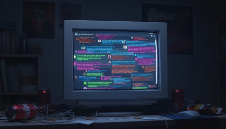 어두운 방에서 채팅 화면이 켜진 낡은 CRT 모니터와 캔음료, 간식 봉지가 어질러진 책상