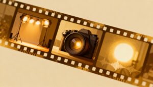 필름 카메라, 조명, 일몰 풍경이 담긴 빈티지 필름 스트립